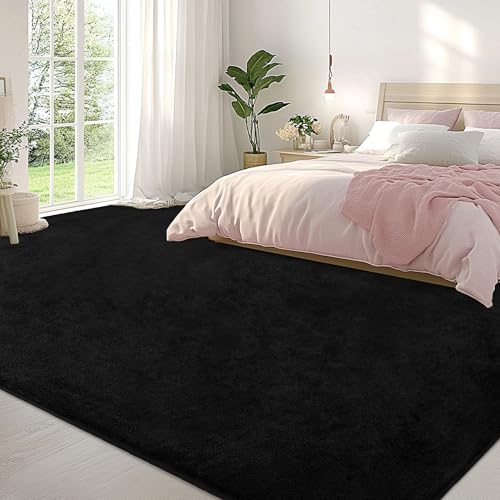 Image of Large Modern Area Rugs for Living Room Bedroom, 6x9 Feet Black Ultra Soft Thickened Memory-Foam Indoor Rug, Comfy Aesthetic Solid Minimalist Carpets for Girls Boys Nursery Dorm Home Decor