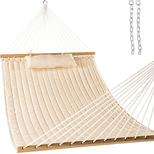 Lazy Daze Hammocks 12FT Quilted Fabric Double Hammock with Spreader Bars and Detachable Pillow, 2 Person Hammock for Outdoor Outside Patio Garden Yard Pool Beach (Linen)