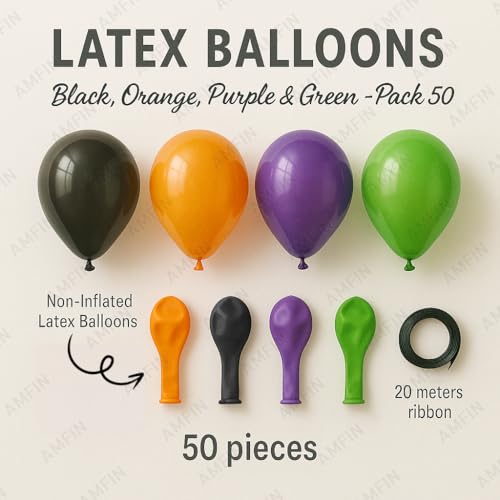 Image of AMFIN (Pack of 50) Halloween Party Balloons | Orange, Black, Purple & Green Latex Balloons | Spooky Party Decorations for Birthday, Halloween, Events & Celebrations