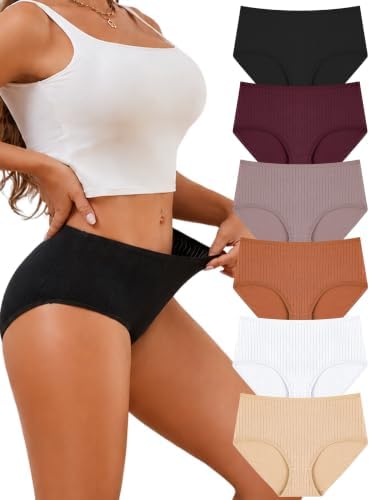 6er Pack Baumwoll Unterwäsche Damen Hohe Taille Slips mit Voller Bedeckung | Baumwoll-Rippstoff，100% Baumwoll Schritt，Hoch Tailliert，Elastisch und Atmungsaktiv Basic Damen，geeignet