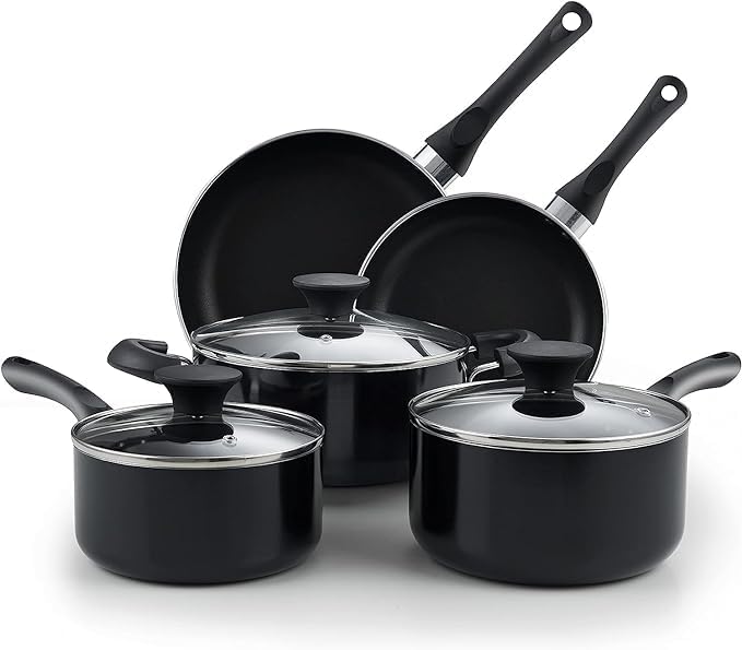 ALUMI Pots and Pans Nonstick Cooking Set includes Saucepan Frying Pan Kitchen Cookware 8-Piece, Stay Cool Handle, Black