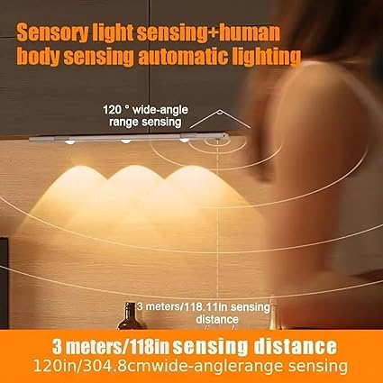 Image of Motion Sensor Under Cabinet Light, 40 cm,1200 mAh Battery, 3 Dimmable LED Color Modes (Warm /Neutral /Cool White), USB Rechargeable Closet Lamp Wireless Light (White)