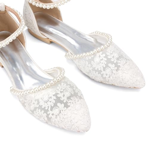 Women's Pearl Lace Ivory Pointed Toe Wedding Flat Bride Dress Shoes4