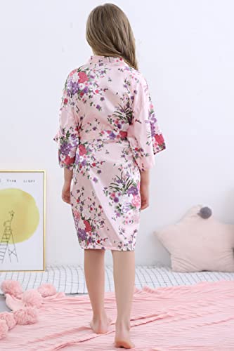 Morforu Girls Kids Daffodils Silky Satin Kimono Robe For Wedding Spa Party, Short (Pink, Tag 12) #TOP4