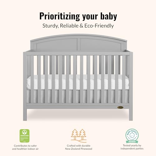Dream On Me Storybrooke 5-in-1 Convertible Full-Size Baby Crib in Pebble Grey, GreenGuard Gold & JPMA, Convert to Toddler, Day & Full-Size Bed, Sustainable Pinewood, 3 Mattress Heights