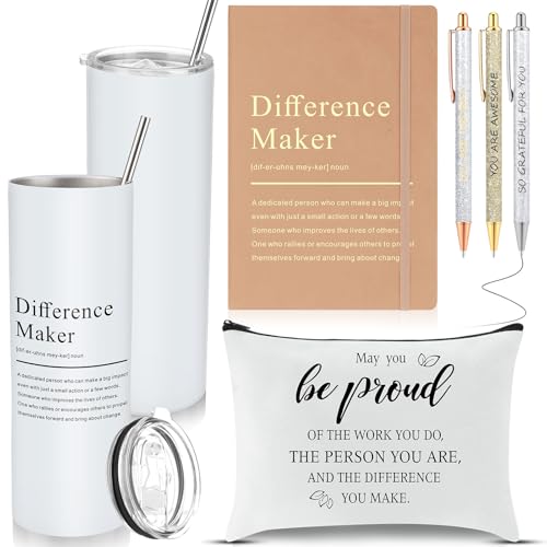 Geiserailie 6 Pcs Difference Maker Gift Employee Appreciation Thank You Gift for Women Teacher Nurse 20 oz Tumbler Leather Journal Ballpoint Pens Makeup Bag for Graduation(Yellow)