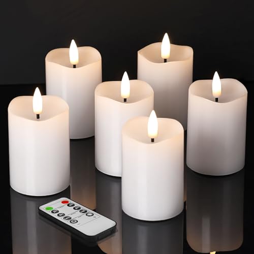 Image of White Flameless Votive Candles with Remote Batteries Set of 6 | 2x3 inch Small Flickering LED Pillar Candles, Battery Powered, Real Wax Coating, Home Table Shelf Decor