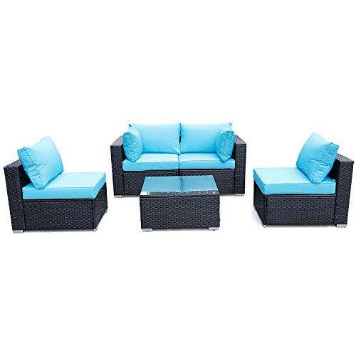 Viewee 5-Piece Patio Furniture Set PE Black Rattan All-Weather Wicker Sectional Outdoor Sofa Washable Blue 4-Cushions & 6-Pillows (Extra Gift: Ratchet/Hex/Allen Wrench)