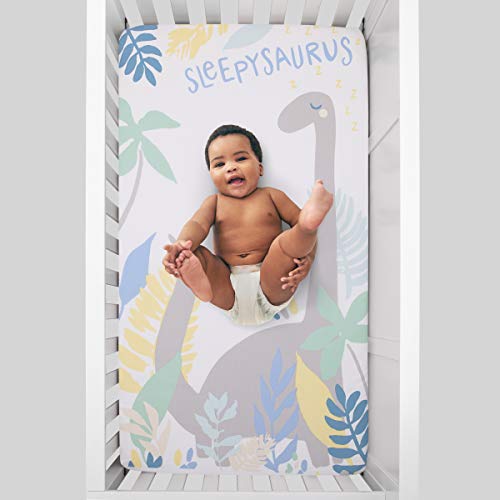 Image of NoJo Sleepysaurus Blue, Yellow, Grey & White Dino Leaf 100% Cotton Photo Op Fitted Crib Sheet, Blue, Grey, Yellow, White
