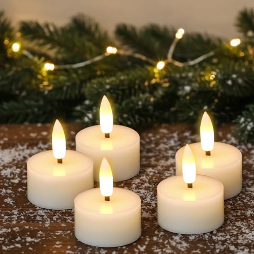 Image of GenSwin Real Wax Tea Lights Candles Battery Operated, Flameless LED Tealights Candles with 6H Timer, 10 Pcs Battery Tea Lights with 3D Flame for Christmas Holiday Home Decor(Ivory, D1.6 inch x H2 inch)