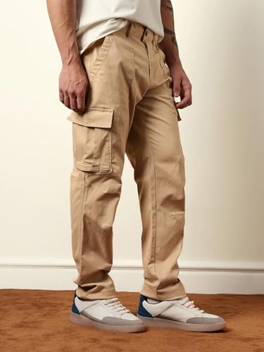 Image of Vogaan Men Solid Relaxed Fit Cotton Blend Cargo Trousers with Utility Pocket