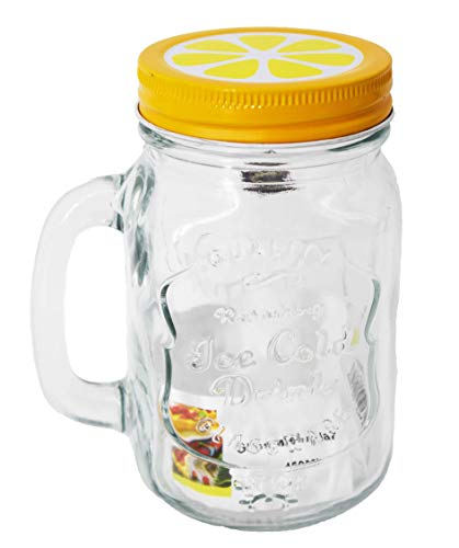 UNIWARE 450 mL Glass Mason Jar w/Assorted Lids, Straw and Handle (Orange Lid w/Straw)