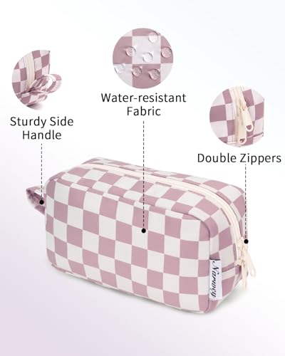 Image of Narwey Cute Checkered Makeup Bag with Organized Pockets for Women - Dusty Rose Checkerboard, Zipper Pouch, Mini Travel Makeup Pouch
