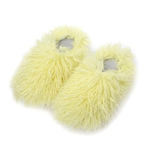 Image of Unisex Fuzzy Faux Fur Slippers, Women's Fluffy Long Hair Sheep Faux Fur Slip on Slides, Girls Luxury Big Fluffy Outdoor Flat Slippers, Long Curly Hair Non-Slip Warm Home Slide Shoes