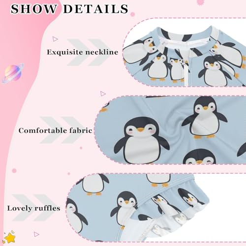 Cartoon Penguin Light Blue Girls Long Sleeve Swimsuit Rash Guard One Piece Bathing Suits Zipper 3-12T4