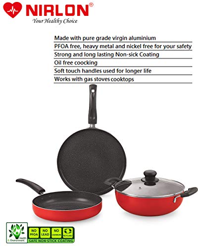 Image of Nirlon Ruby Granite 7-Piece Aluminium Non Stick Cookware Gift Set with Glass Lid & 3 Spoon (Color-Red) (Compatible with All Gas & stovetops Only)