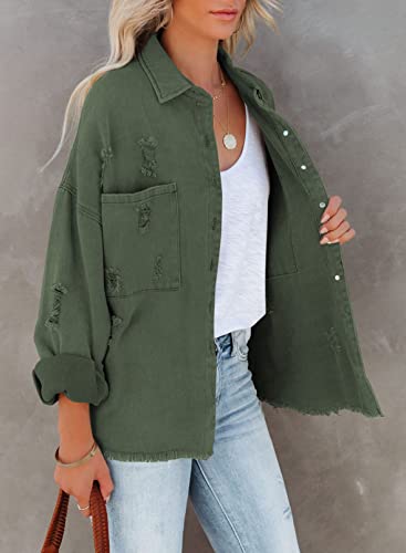 Evaless Green Shacket Jacket For Women Fashion 2023 Dressy Denim Jacket Oversized Distressed Jean Jacket Cute Spring Tops Clothes For Women Business Casual Jean Shirt Jacket With Pockets,Medium #TOP2