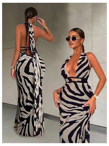 Image of MakeMeChic Women's Zebra Print Dress Halter High Waist Mesh Bodycon Backless Maxi Dresses Multicolor X-Large