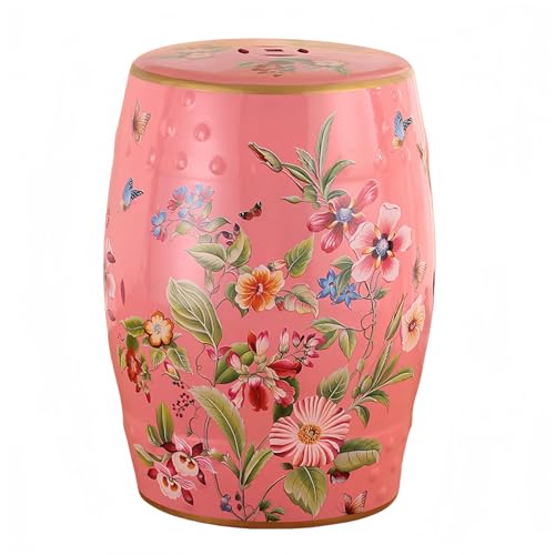 HYFANIYH Ceramic Drum Garden Stool, Flower&Butterfly, Classic, Cottage, French Country,Bathroom, Garden Room, Patio (Pink,Flower&Butterfly)