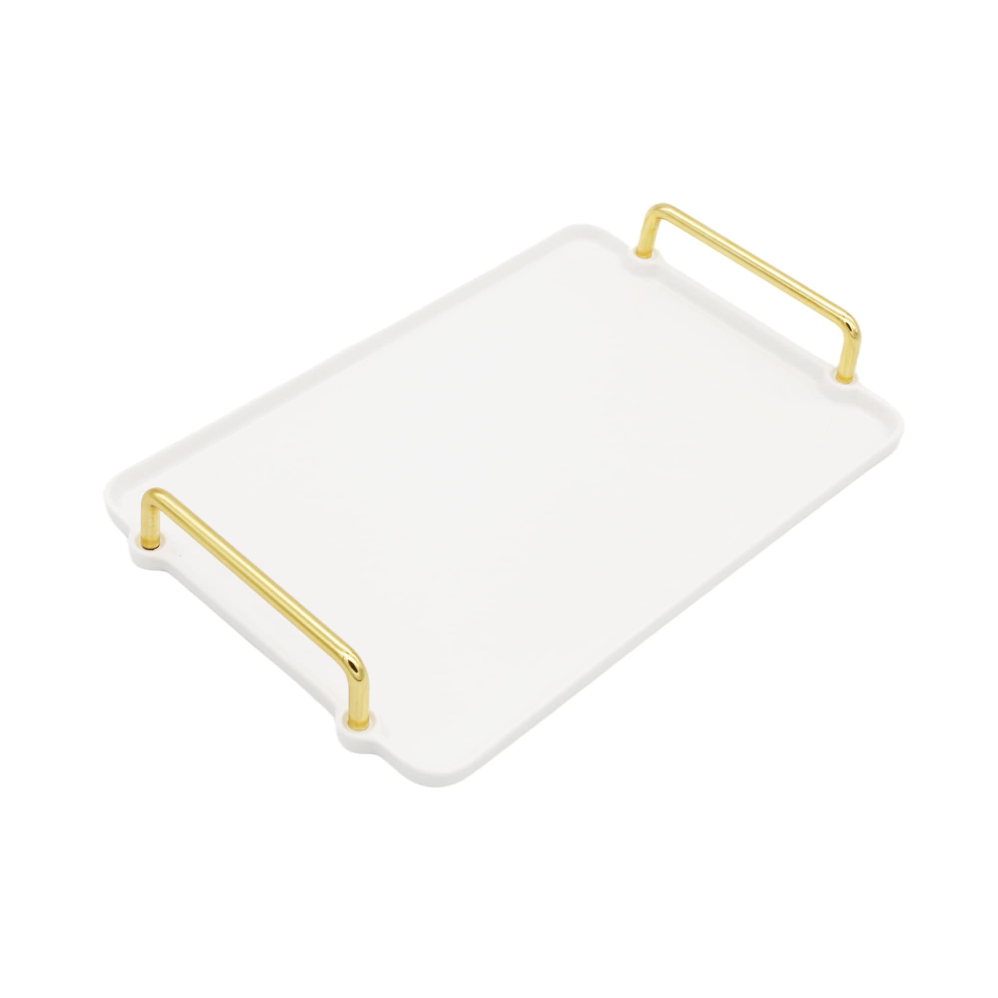 Ceramic Decorative Tray with Golden Metal Handle, ANZUSY Vanity Tray Rectangle Serving Tray Home Decorative for Jewelry Towel Candles Soap Decoration Tub Kitchen Restroom-Rectangular Small White