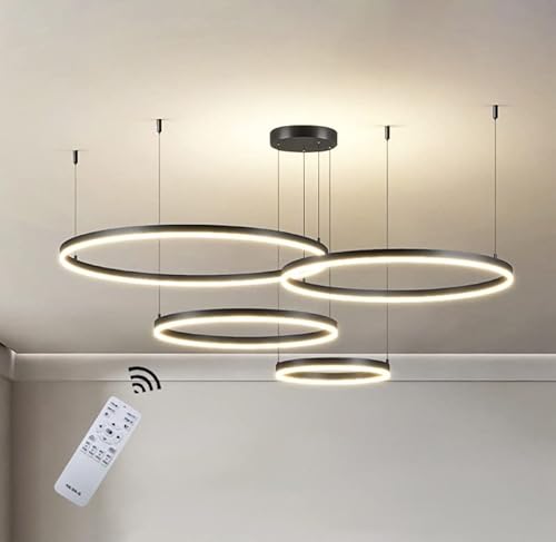 Wandun Moderna lampada a sospensione a LED, 4 anelli collezione di vernice oro, applique a sospensione a luce regolabile Lampadario a soffitto moderno, dimmerabile con telecomando 3000K-6000K - 68W (