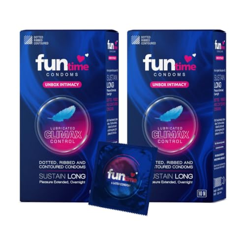 Image of Funtime Climax Control comdoms Pack of 2 (10pc each) | Dotted Ribbed & Contoured Condoms for Maximum Pleasure | Made With Natural Rubber Latex | Lubricated Condoms for High Excitement & Satisfaction