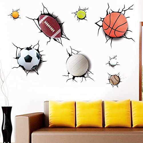 3D Sport Balls Wall Sticker Cracked Wall Sticker For Kids Living Room Decoration Detachable Wall Stickers Including Football, Basketball, Volleyball, Rugby, Tennis, Snooker, Bowling, Baseball #TOP4
