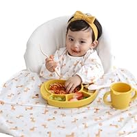 LoLaBi Coverall Long Sleeve Baby Weaning Bib with Zipper (Giraffe, White) for highchair, waterproof toddler feeding bibs compatible with suction dishware