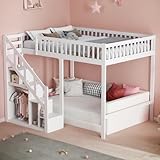 Kinder Etagenbett 90x200cm,Etagenbett Kinder Holz Hochbett Mit Stauraum Stockbett Für 2 Kinder90x200 Hochbett mit Treppe Kinderbett Jugendbett Mit Rausfallschutz,keine Matratze (Weiß, 90x200cm)