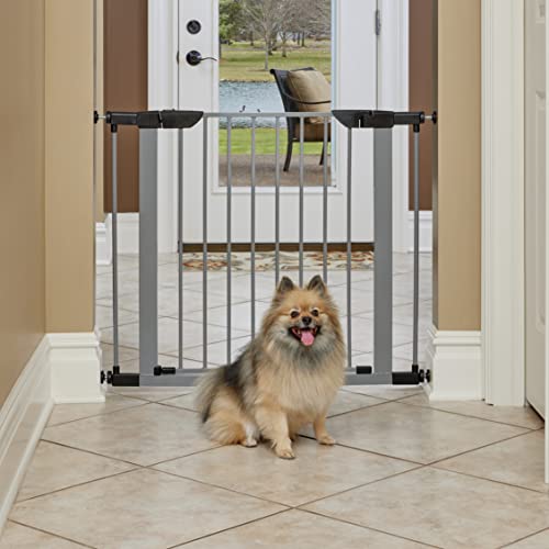 New World 29-Inch High Walk-Thru Pressure Mounted Gray Steel Dog Gate, Expands to 38 Inches Wide, No Damage to Walls, Includes 3-inch Extensions, for...