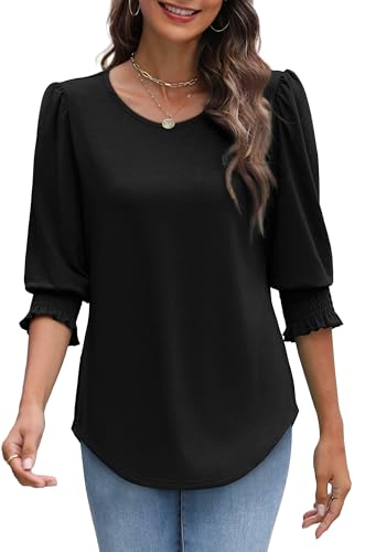 Image of XIEERDUO Blouses for Women Dressy Casual 3 /4 Length Sleeve Womens Tops with Smocked Cuffs