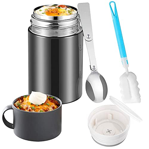 Waflyer Food Flask, 550ML Leakproof Soup Flask with Spoon Stainless Steel Vacuum Insulated Thermal Lunch Box Food Jar Food Container with Handle for Hot & Cold, School, Office, Picnic, Travel-Black
