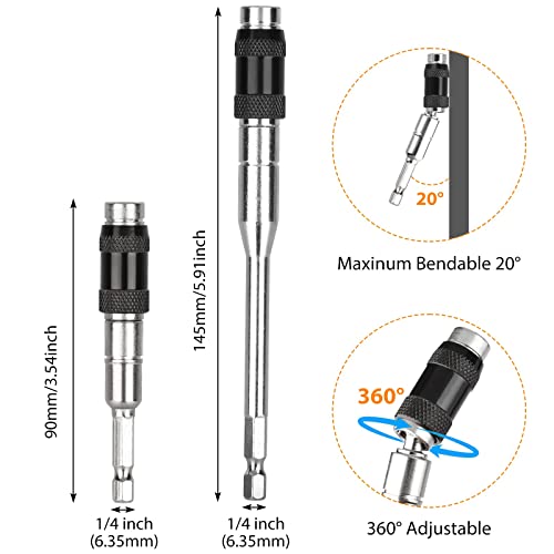 Sunjoyco 2Pcs Pivoting Drill Bit Holder, 1/4Inch Hex Magnetic Swiveling Drill Bit Holder Quick Release Pivot Screwdriver Bit Tip Holder Flexible Extension Rod For Tight Spaces Or Corner (88Mm +145Mm) #TOP1