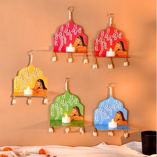 Image of Ascension Pack of 5 Handcrafted Rajasthani Wall & Door Hangings Multicolor Wooden Candle Stand Decorative Items for Puja Gifting Hall Living Room Indoor Outdoor Diwali Decoration Home Office Decor