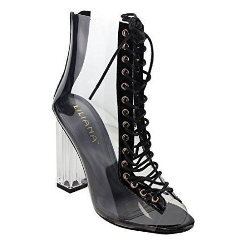 Liliana Clear Translucent Transparent Lace Up Peep Toe Ankle Bootie W Perspex Block Heel,Black,8