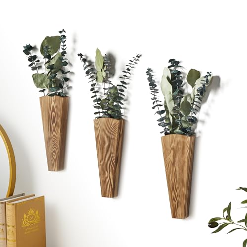 Mokof 3 Pack Wood Wall Planter for indoor Plants, Wooden Pocket Vase for Dried Flowers and Eucalyptus Stems, Modern Farmhouse Wood Wall Decor for Living Room, Bedroom, Bathroom, Home Office - Thumbnail 2