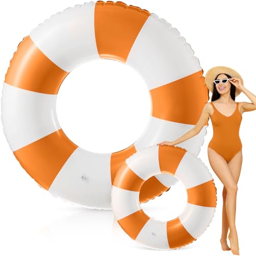 Foilswirl 47.24Inch Jumbo Inflatable Pool Floats for Adult White Striped Pool Inner Rings Swimming Inflatable Floaties Tube Women Summer Beach Bachelorette Wedding Decor(Orange White,1 Pcs)