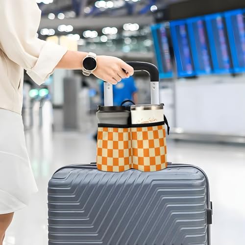 Image of Luggage Cup Caddy Bag Carrier with Handle - Free Hands Travel Drink Holder in Checkered Orange