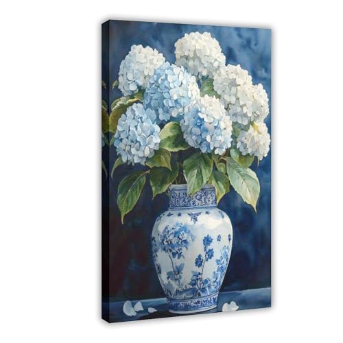 Blue & White Vase with Hydrangeas Vintage Abstract Canvas Wall