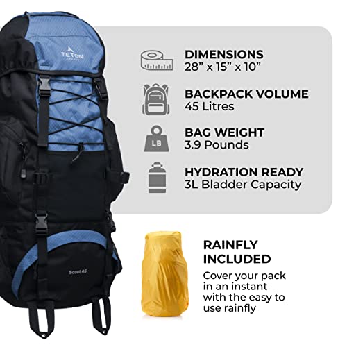 Teton Sports Scout Internal Frame Backpack - High-Performance Hiking, Camping & Travel - Water Bladder Storage & Rain Cover Repellant - Adjustable Gear For Sleeping Bag Backpacking - Bluejay, 45L #TOP1