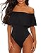 May&Maya Women's Off Shoulder with Ruffle Overlay Bodysuit (M, Black)