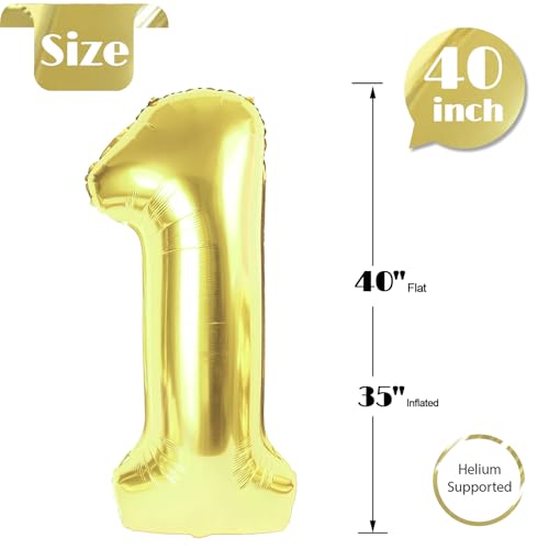 Image of Light Gold Number 1 Balloon 40 Inch, 1st Birthday Balloon First Birthday Decorations, Shiny Light Gold Party Supplies