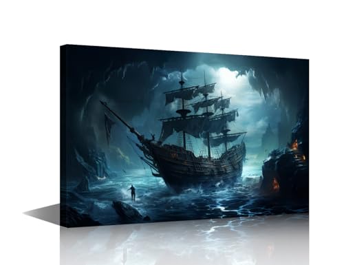 Toile murale bateau pirate déco salon tableau encadré 61x40 cm
