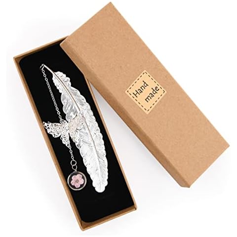Metal Book Mark, Feather Book Mark with 3D Butterfly and Preserved Flower, Book Marker with Gift Box for Women Readers Teachers Cover
