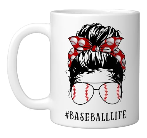 Mom Messy Hair Bun Aviators Glasses Baseball Mother Life Ceramic Mug, White