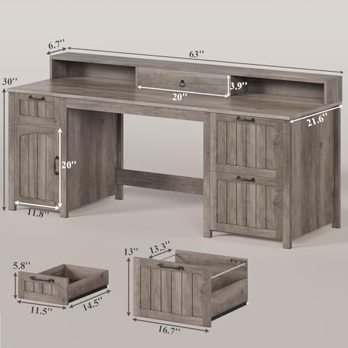Image of SEDETA Farmhouse 63 inch Executive Desk, Wood Computer Desk with Drawers and Storage Cabinet, Home Office Desk with File Drawer and Monitor Stand, Wood Desk for Work Study Writing, Grey