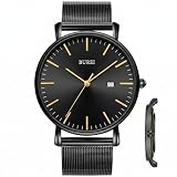 BUREI Orologi da polso da uomo, minimalisti, analogici, al quarzo, con cinturino in rete, regali per uomini, Nero - Or Noir, Bracciale