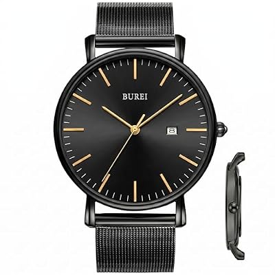 BUREI Orologi da polso da uomo, minimalisti, analogici, al quarzo, con cinturino in rete, regali per uomini, Nero - Or Noir, Bracciale