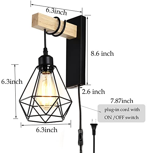 Plug In Wall Sconces Set Of Two Industrial Wall Lamp With 6Ft Plug In Cord Wood Wall Sconce For Bedroom Farmhouse Black Wall Lights #TOP2