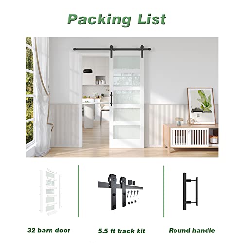 Fredbeck 32in x 84in White Glass Barn Door with 5.5FT 66inch Sliding Doors Hardware Kit Included & Handle,PVC Surface,Need to Assembly,Water-Proof by FREDBECK - Image 9